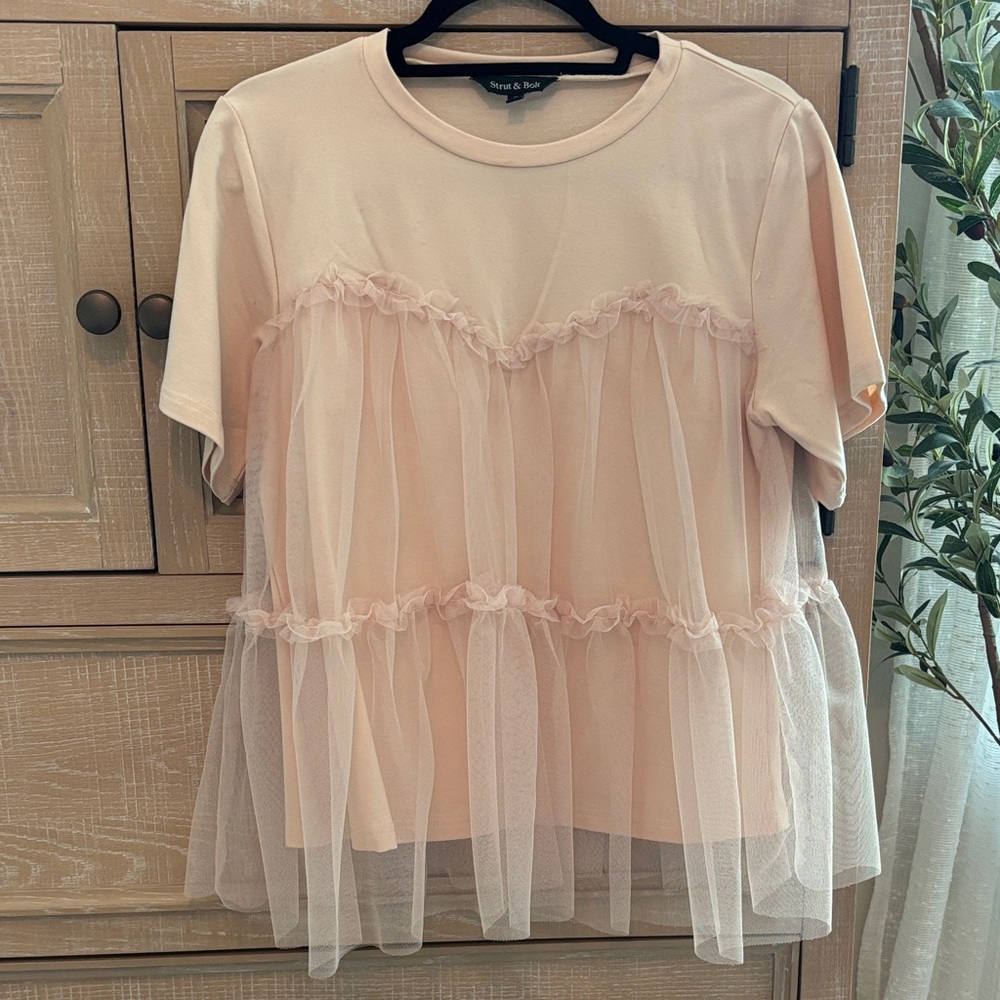 Peach Tulle Short Sleeve Top